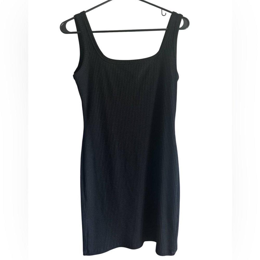Iris Ribbed Black Sleeveless Bodycon Dress Size L Stretch Knit Minimalist